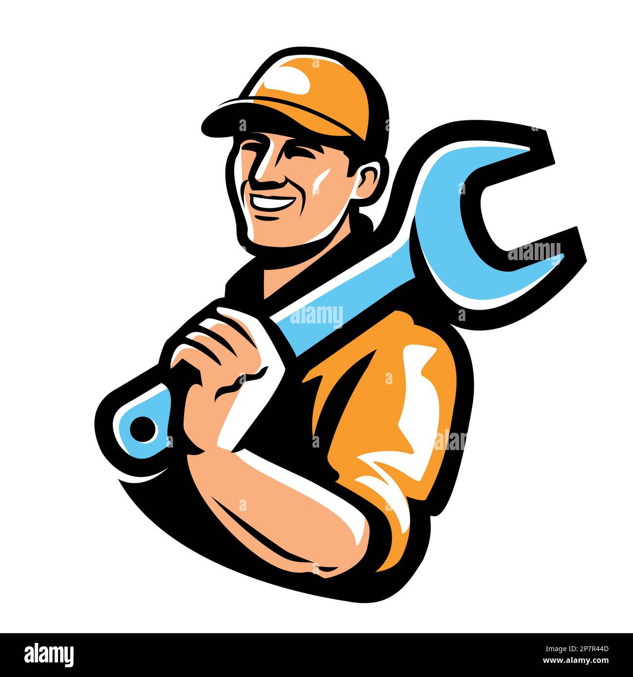 worker with wrench tool engineer technician mechanic builder logo workshop service emblem vector illustration 2p7r44d